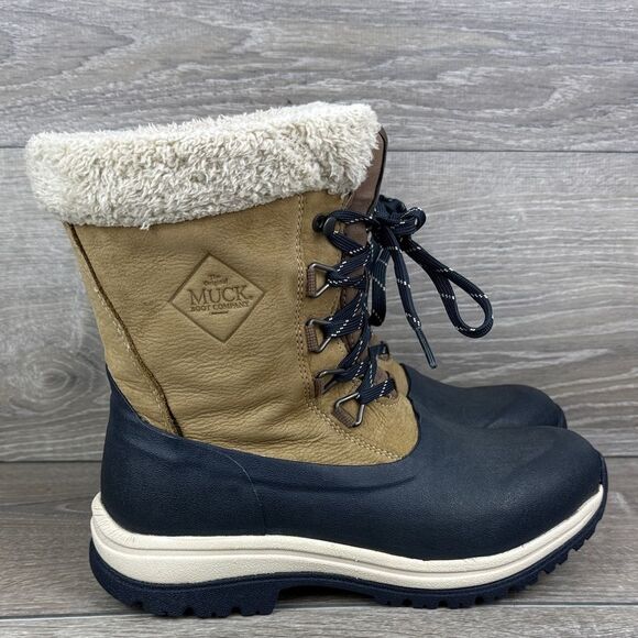 The Original Muck Boot Company Women’s Sz 8 Tan Leather Navy Blue Winter Boots - Picture 1 of 11